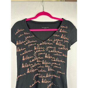 Calvin Klein Jeans Womens Black V-Neck Top With Script Logo Print Medium